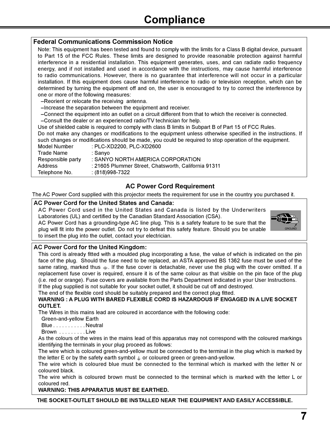 Sanyo PLC-XD2600 Compliance, AC Power Cord for the United States and Canada, AC Power Cord for the United Kingdom 