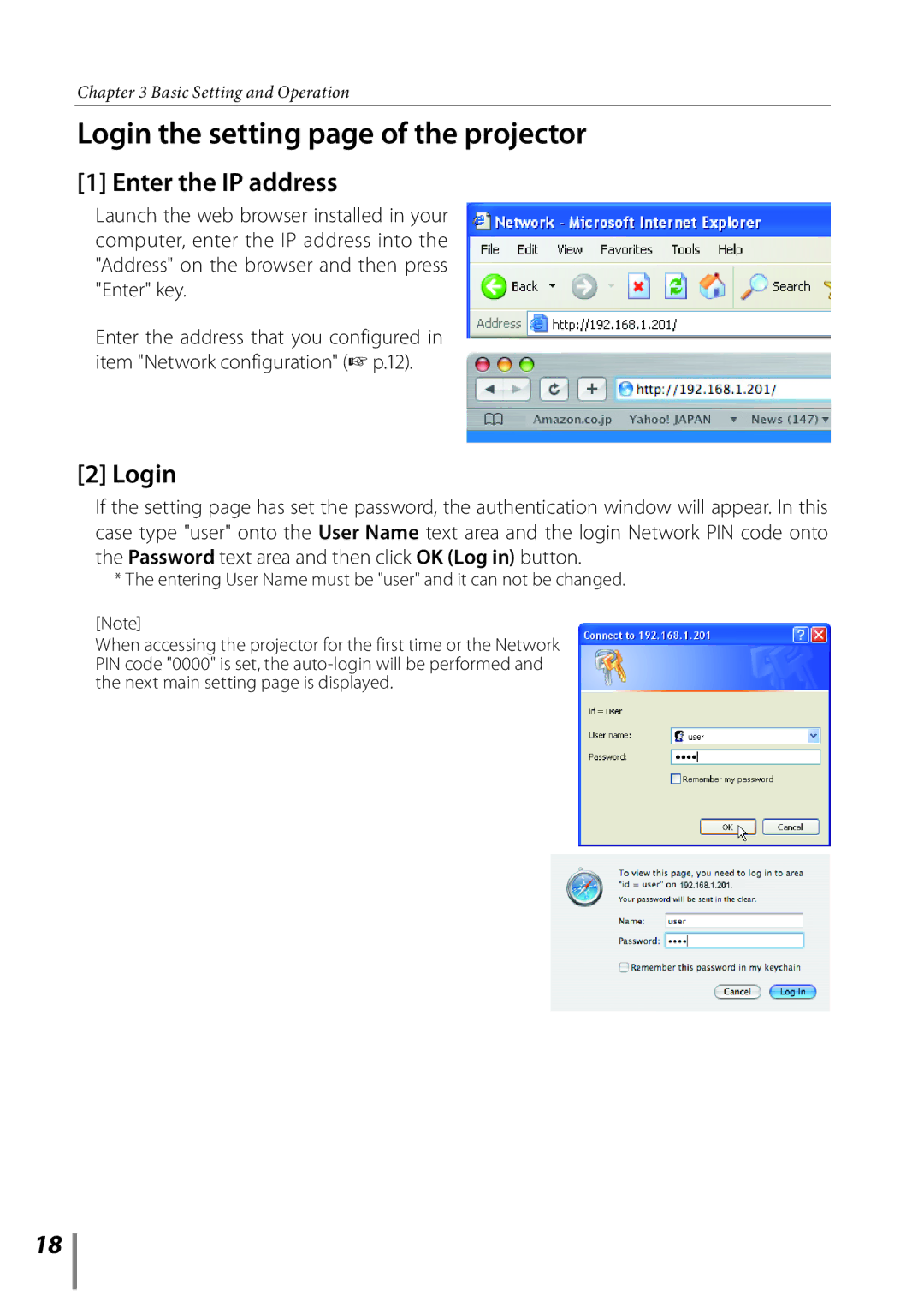 Sanyo PLC-XE33 owner manual Login the setting page of the projector, Enter the IP address 