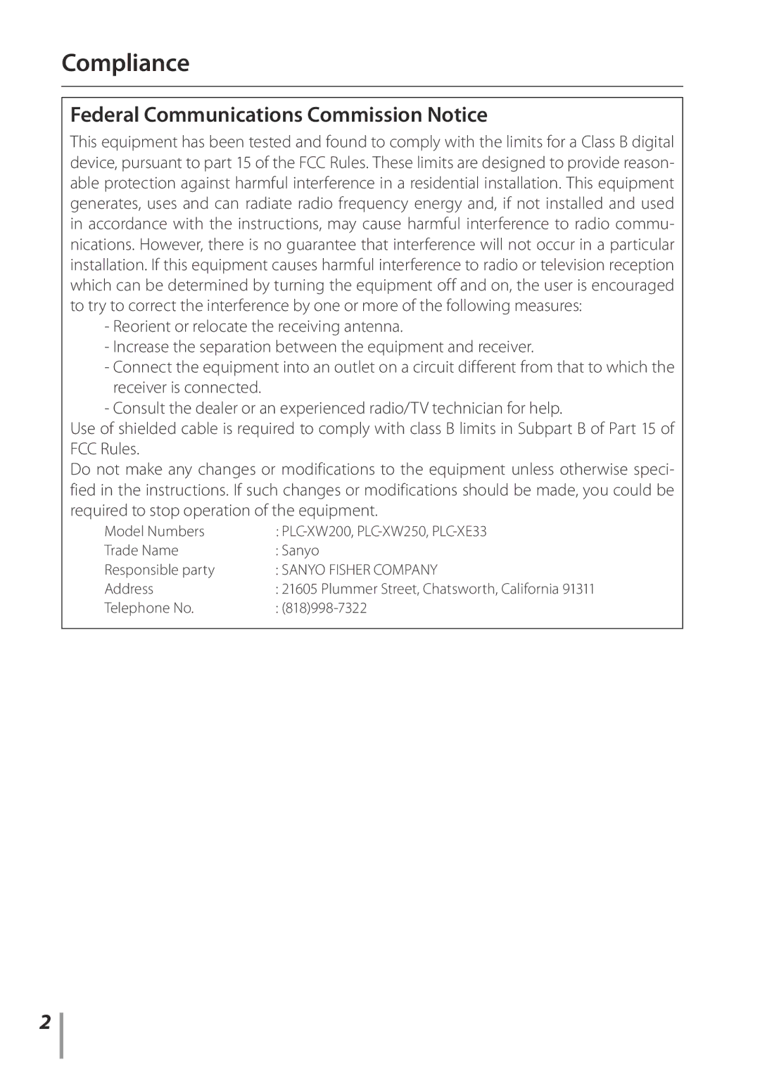 Sanyo PLC-XE33 owner manual Compliance, Federal Communications Commission Notice, Address, Telephone No 818998-7322 