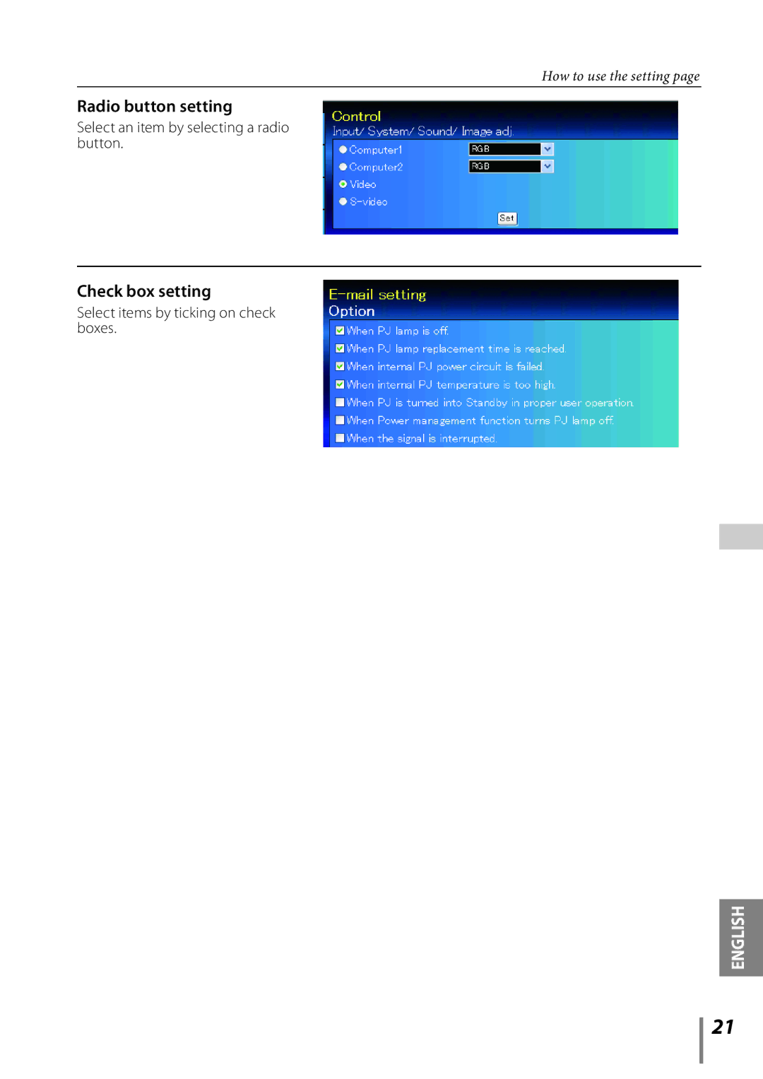 Sanyo PLC-XE33 owner manual Select an item by selecting a radio button, Select items by ticking on check boxes 