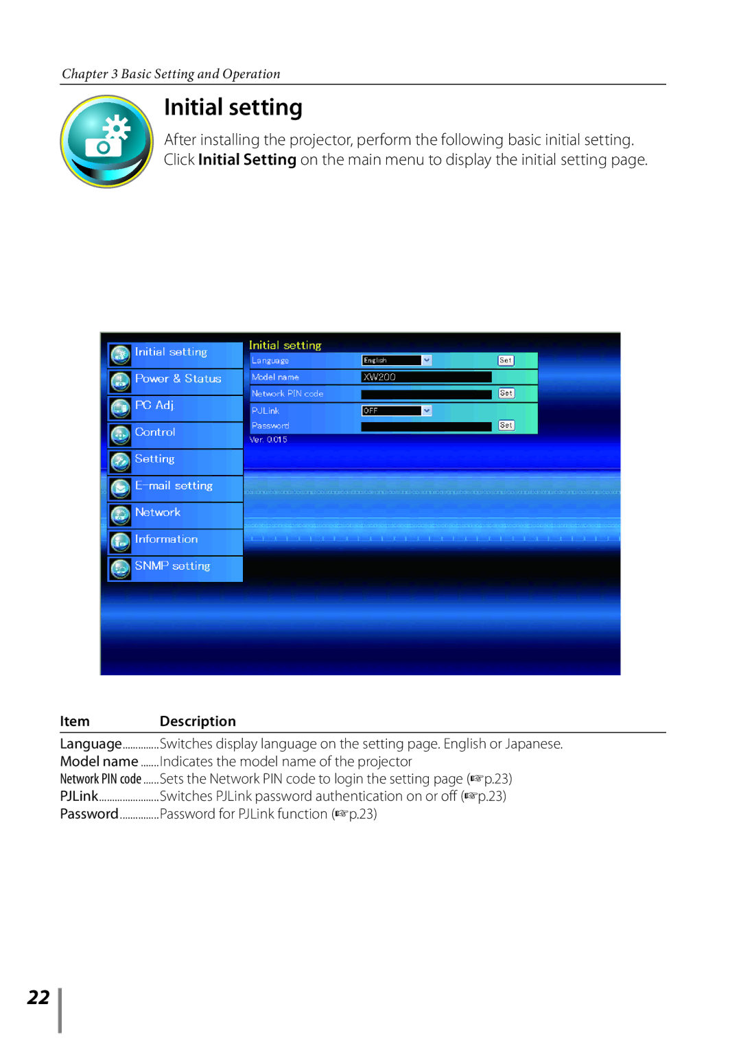 Sanyo PLC-XE33 owner manual Initial setting, Indicates the model name of the projector, Password for PJLink function +p.23 