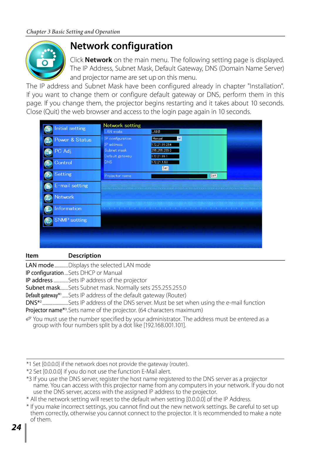 Sanyo PLC-XE33 owner manual Network configuration, Displays the selected LAN mode, Sets Dhcp or Manual 