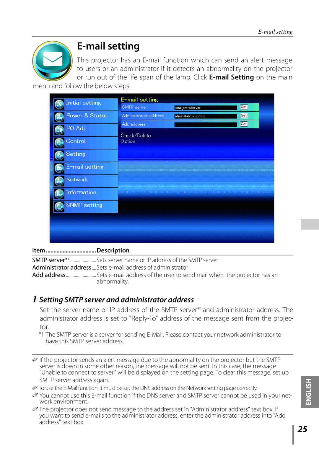 Sanyo PLC-XE33 owner manual Mail setting, Setting Smtp server and administrator address, Abnormality 