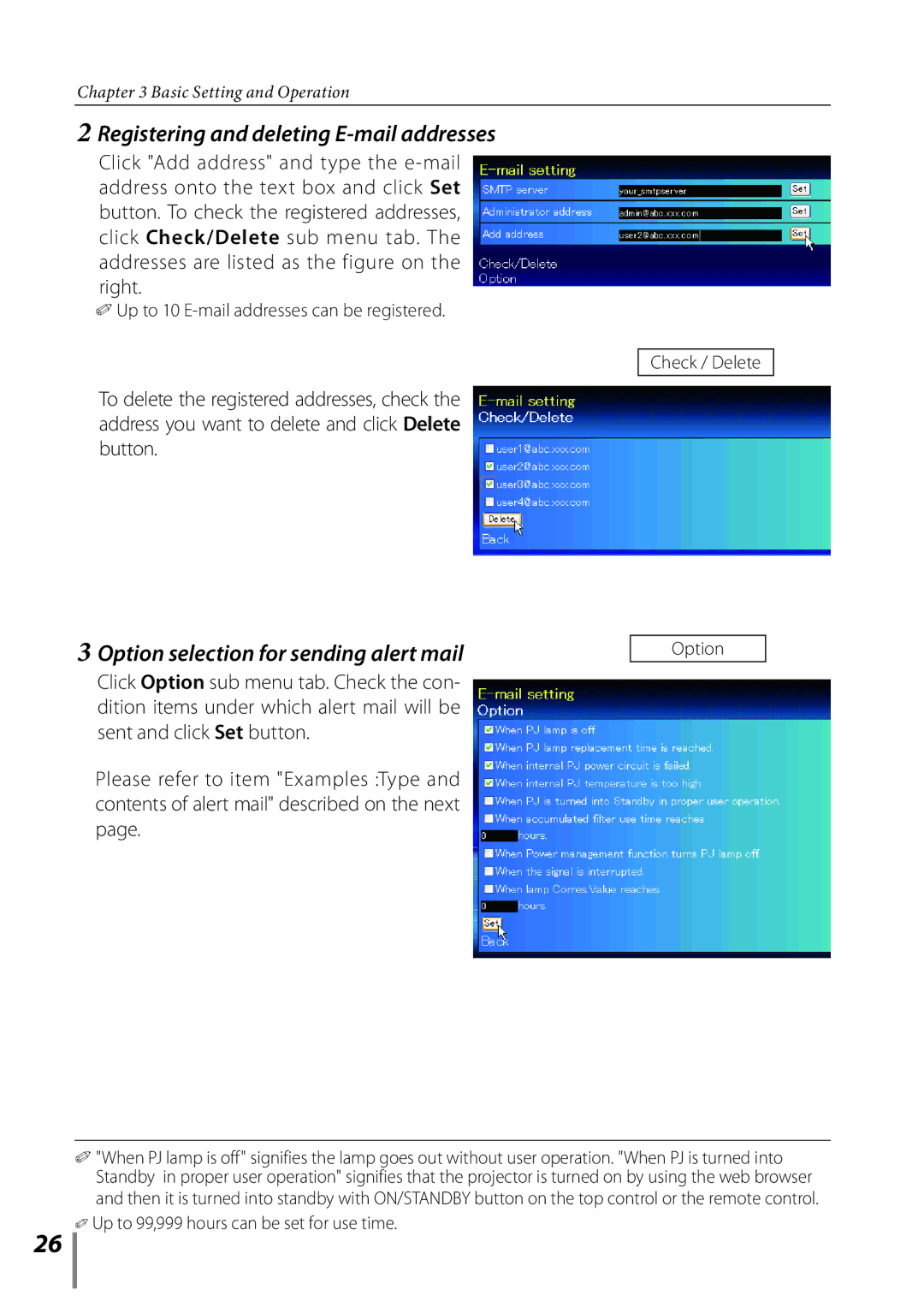 Sanyo PLC-XE33 owner manual Registering and deleting E-mail addresses, Option selection for sending alert mail 