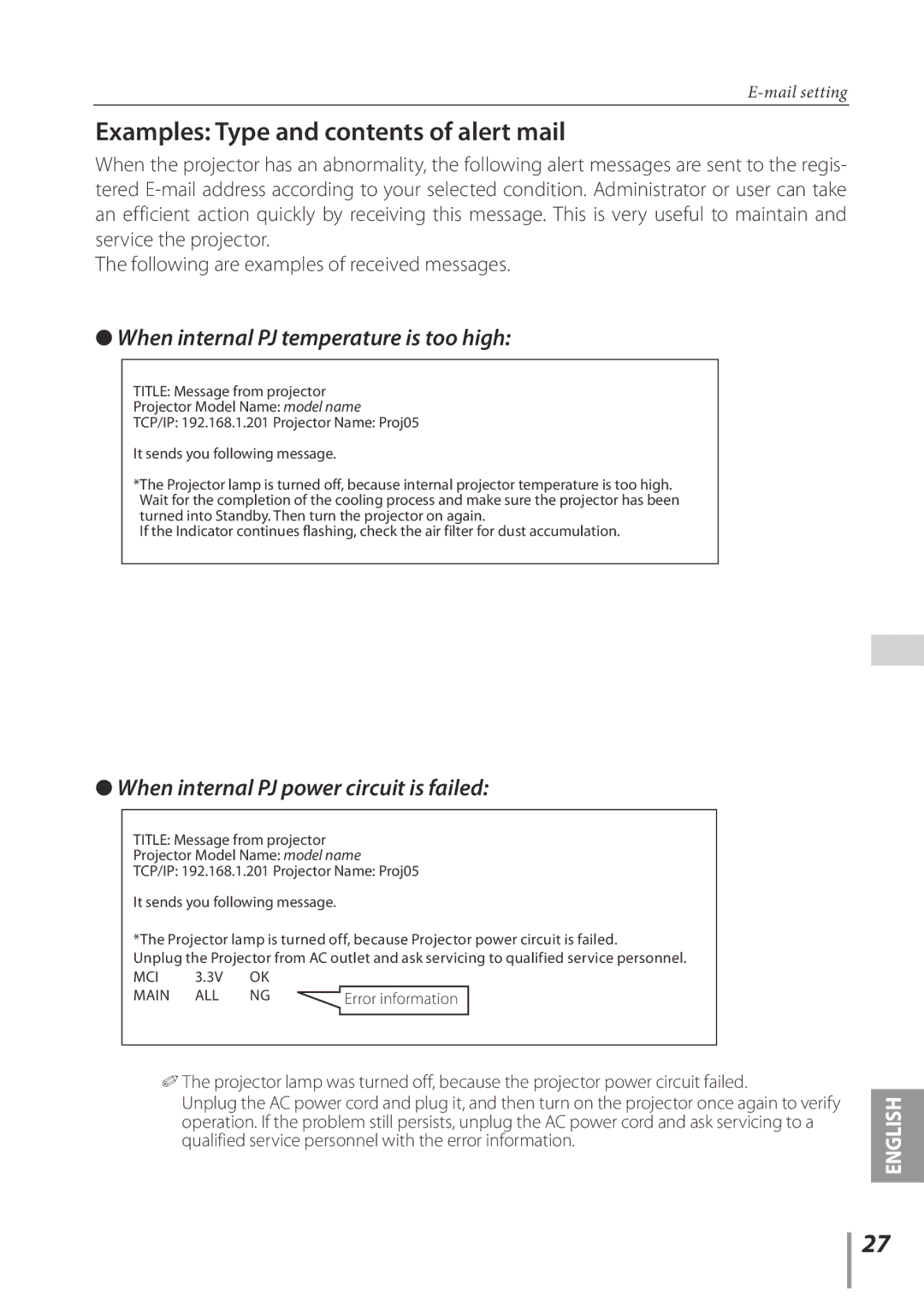 Sanyo PLC-XE33 owner manual Examples Type and contents of alert mail 