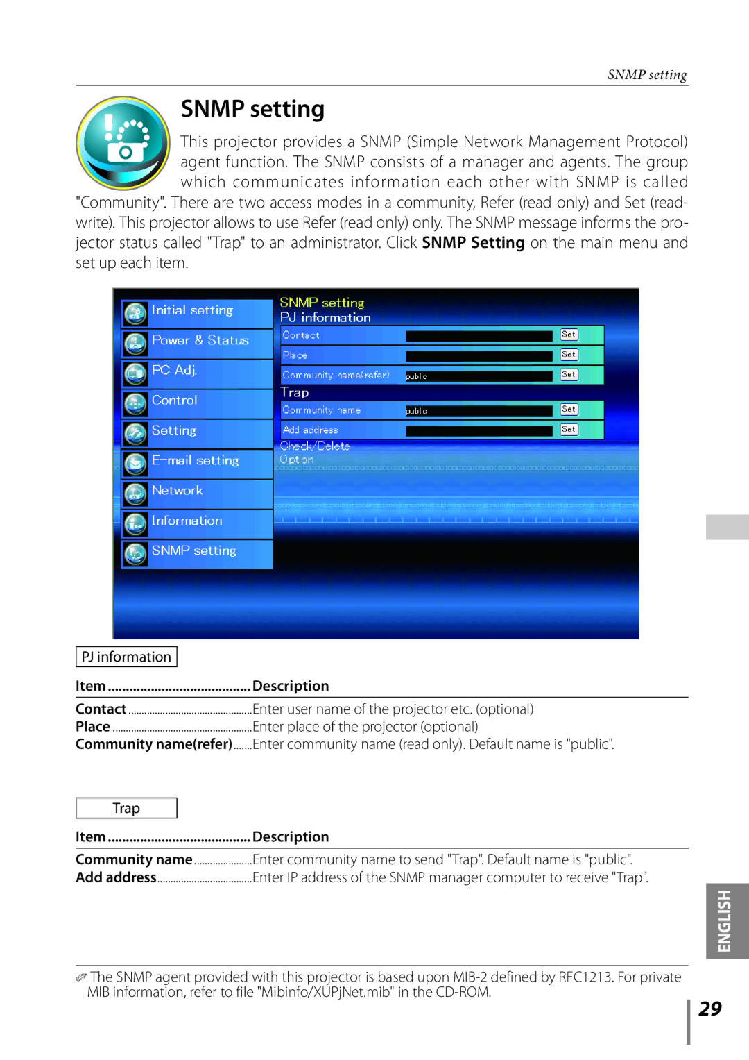 Sanyo PLC-XE33 owner manual Snmp setting 