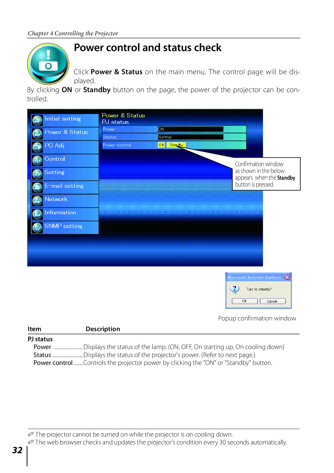 Sanyo PLC-XE33 owner manual Power control and status check, Popup confirmation window, PJ status 