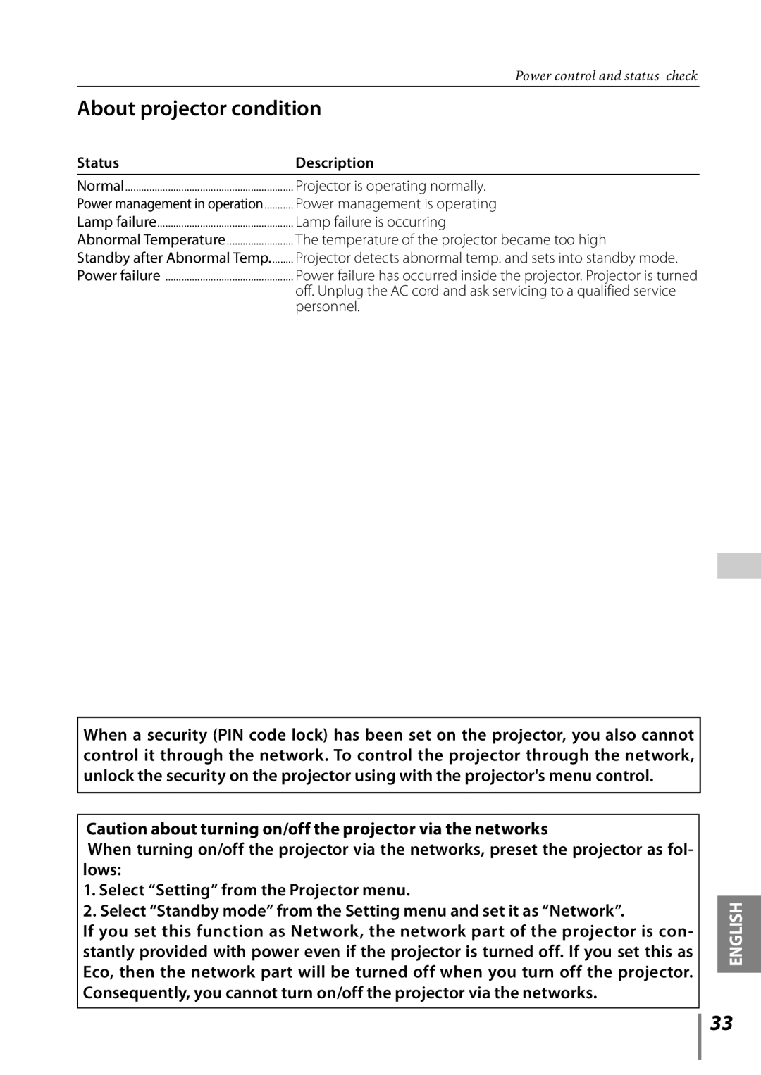 Sanyo PLC-XE33 owner manual About projector condition, Status Description 