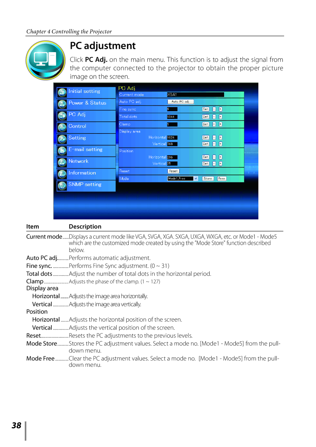 Sanyo PLC-XE33 owner manual PC adjustment 