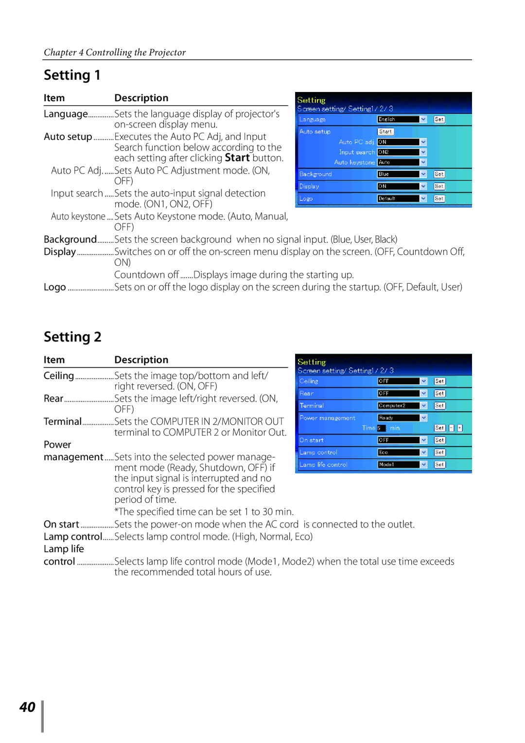 Sanyo PLC-XE33 owner manual Setting 