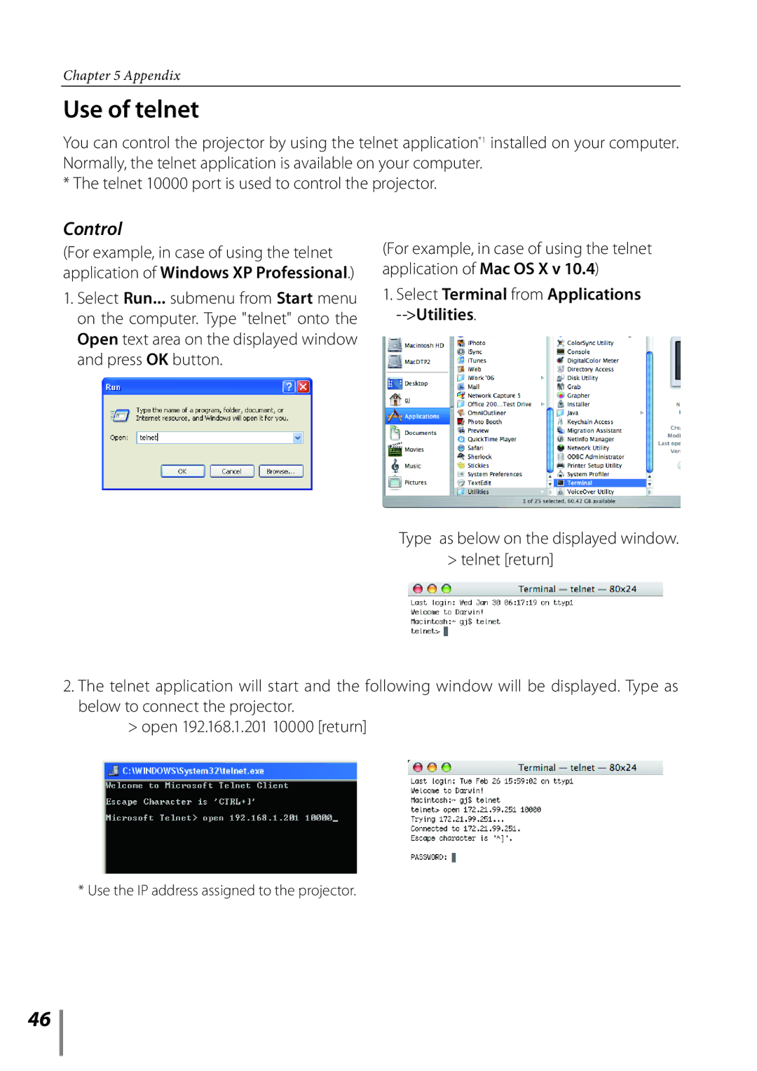 Sanyo PLC-XE33 owner manual Use of telnet, Control, Use the IP address assigned to the projector 