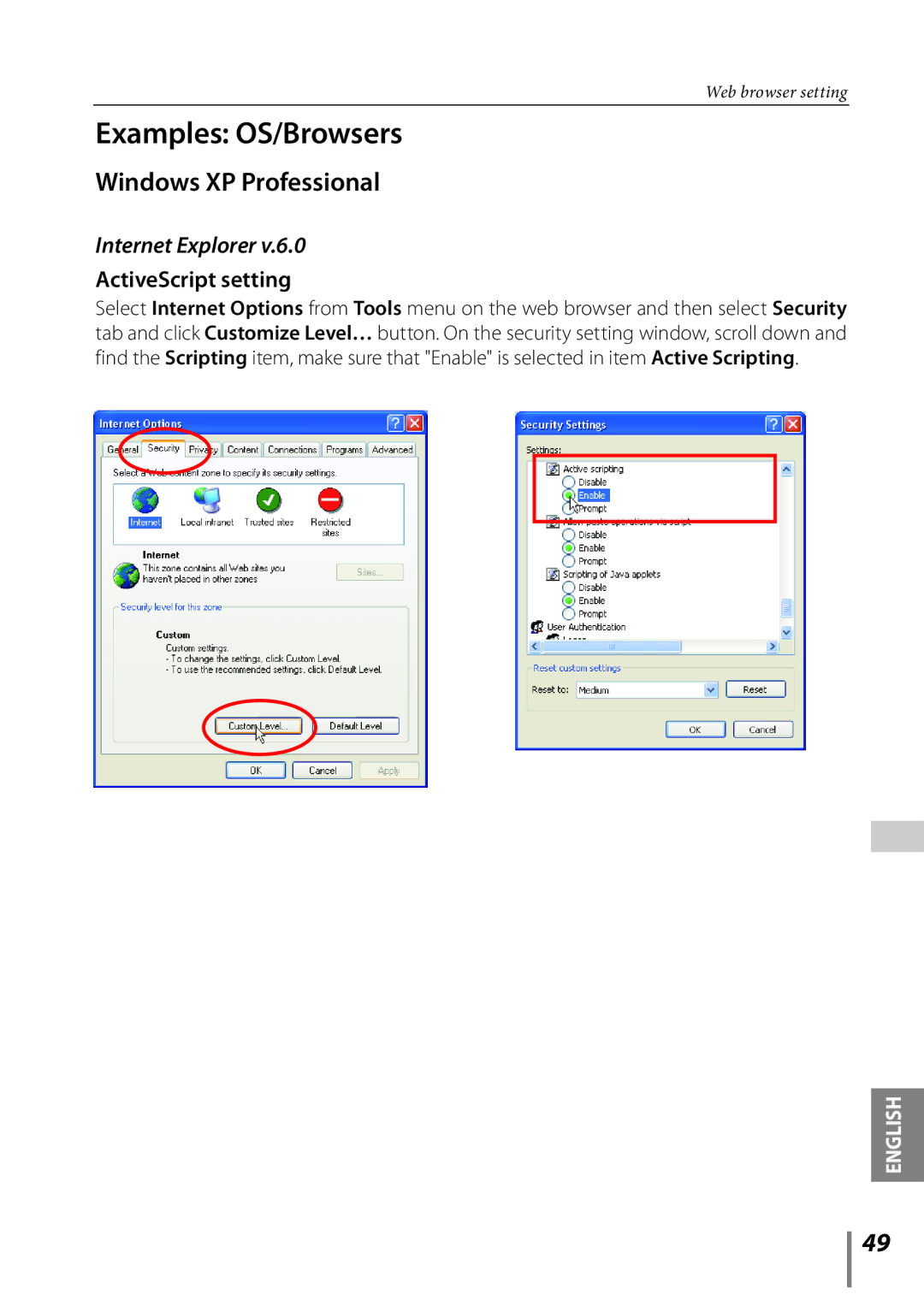 Sanyo PLC-XE33 owner manual Examples OS/Browsers, Windows XP Professional, Internet Explorer 