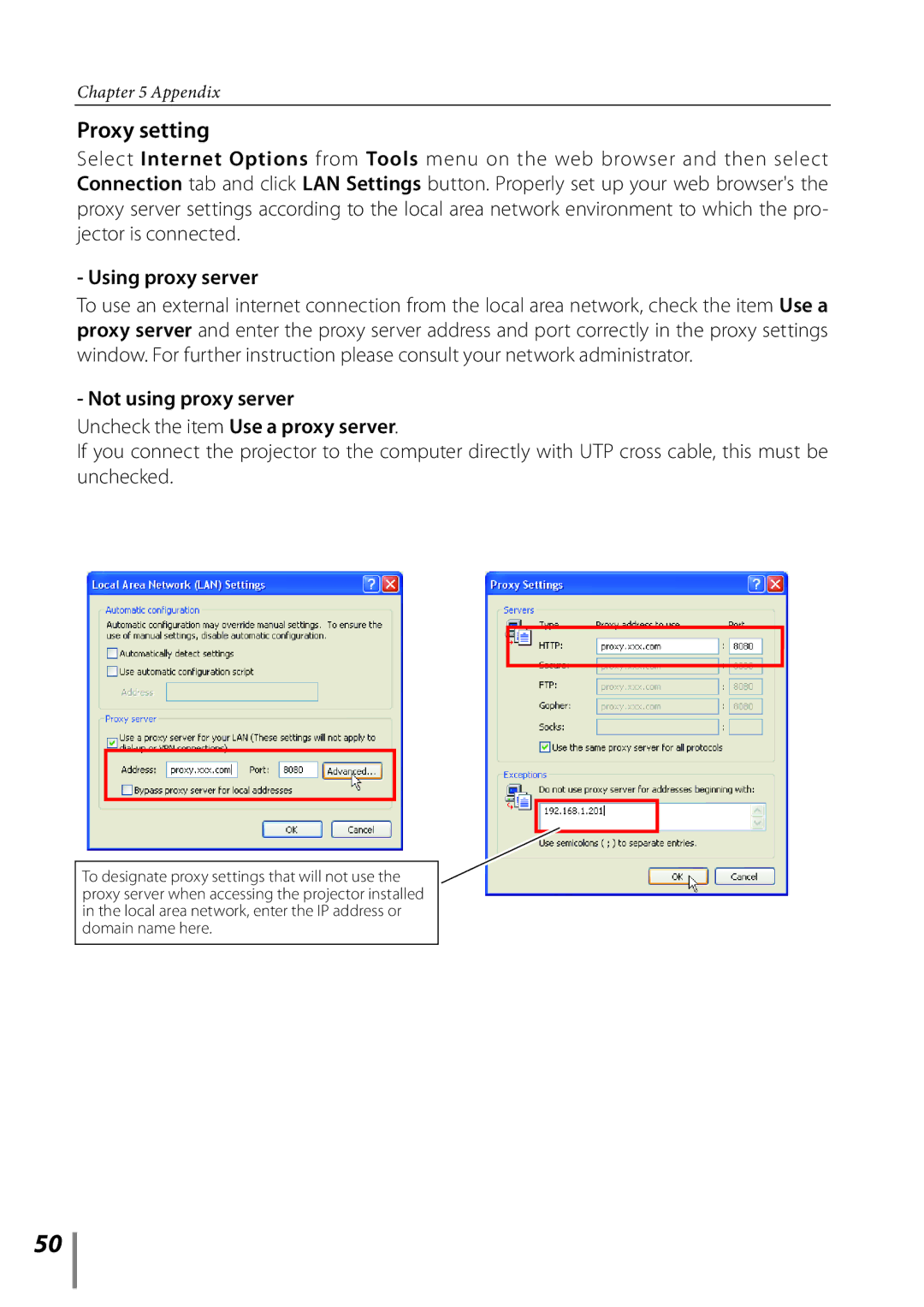 Sanyo PLC-XE33 owner manual Proxy setting 