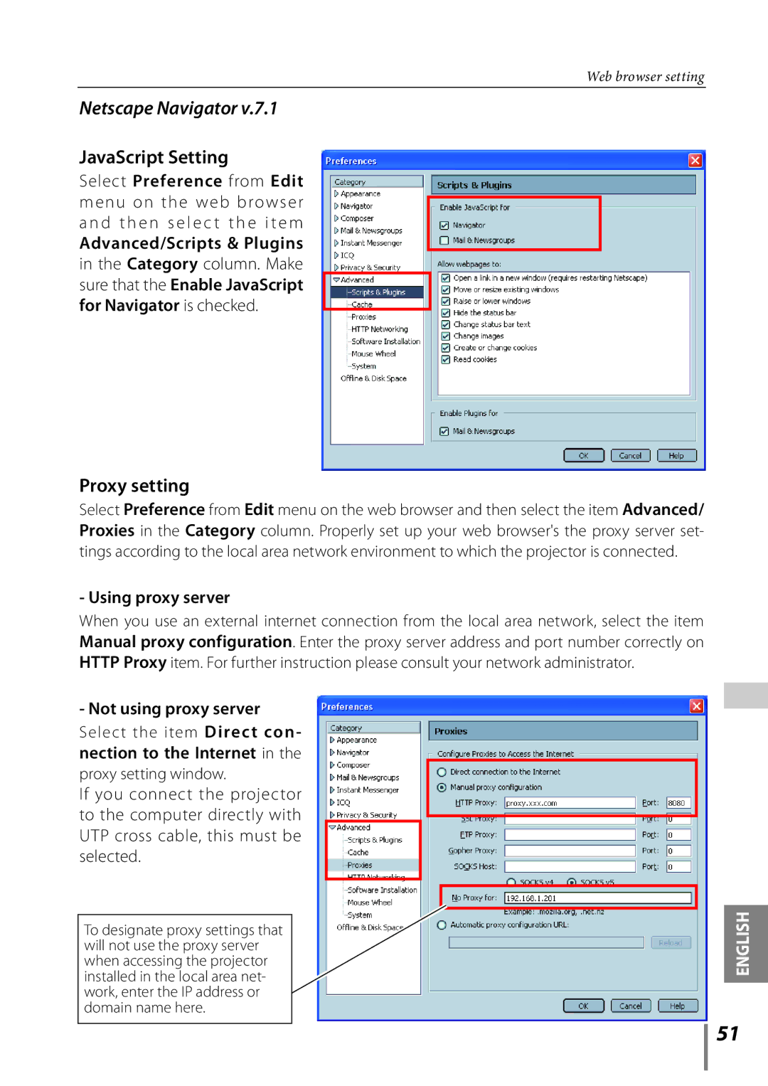 Sanyo PLC-XE33 owner manual Netscape Navigator, JavaScript Setting 