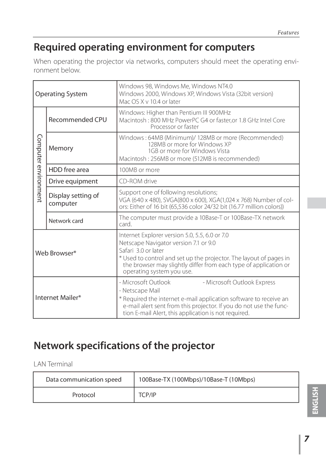 Sanyo PLC-XE33 owner manual Required operating environment for computers, Network specifications of the projector 