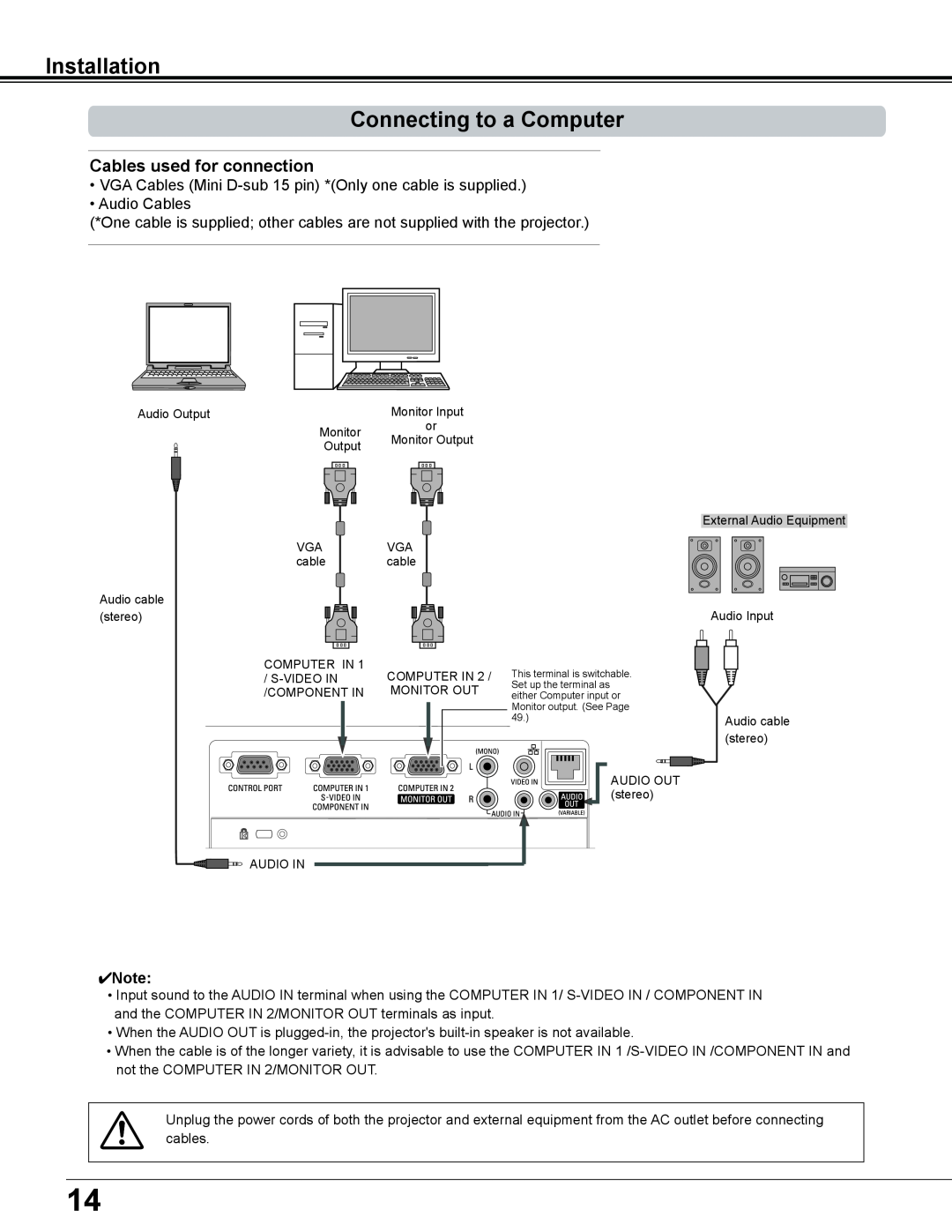 Sanyo PLC-XE34 owner manual Installation Connecting to a Computer, Cables used for connection 