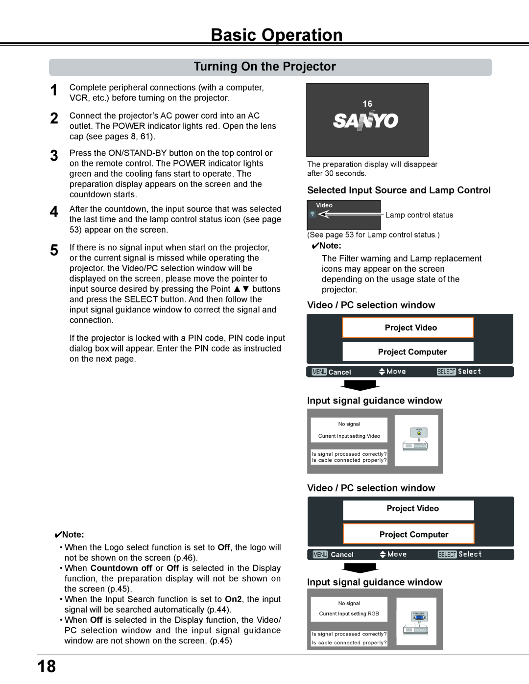 Sanyo PLC-XE34 owner manual Basic Operation, Turning On the Projector, Project Viideoo V Project Computer 