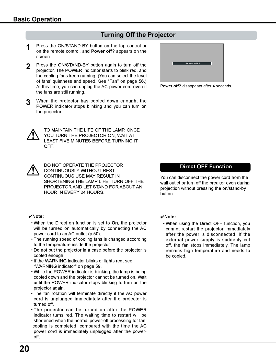 Sanyo PLC-XE34 owner manual Basic Operation Turning Off the Projector, Direct OFF Function 