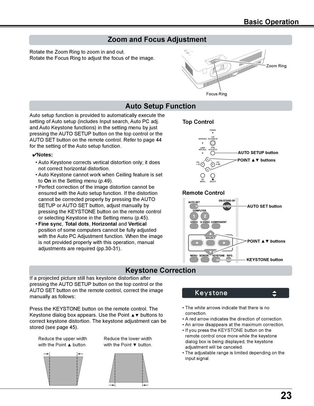 Sanyo PLC-XE34 owner manual Basic Operation Zoom and Focus Adjustment, Auto Setup Function, Keystone Correction, Notes 