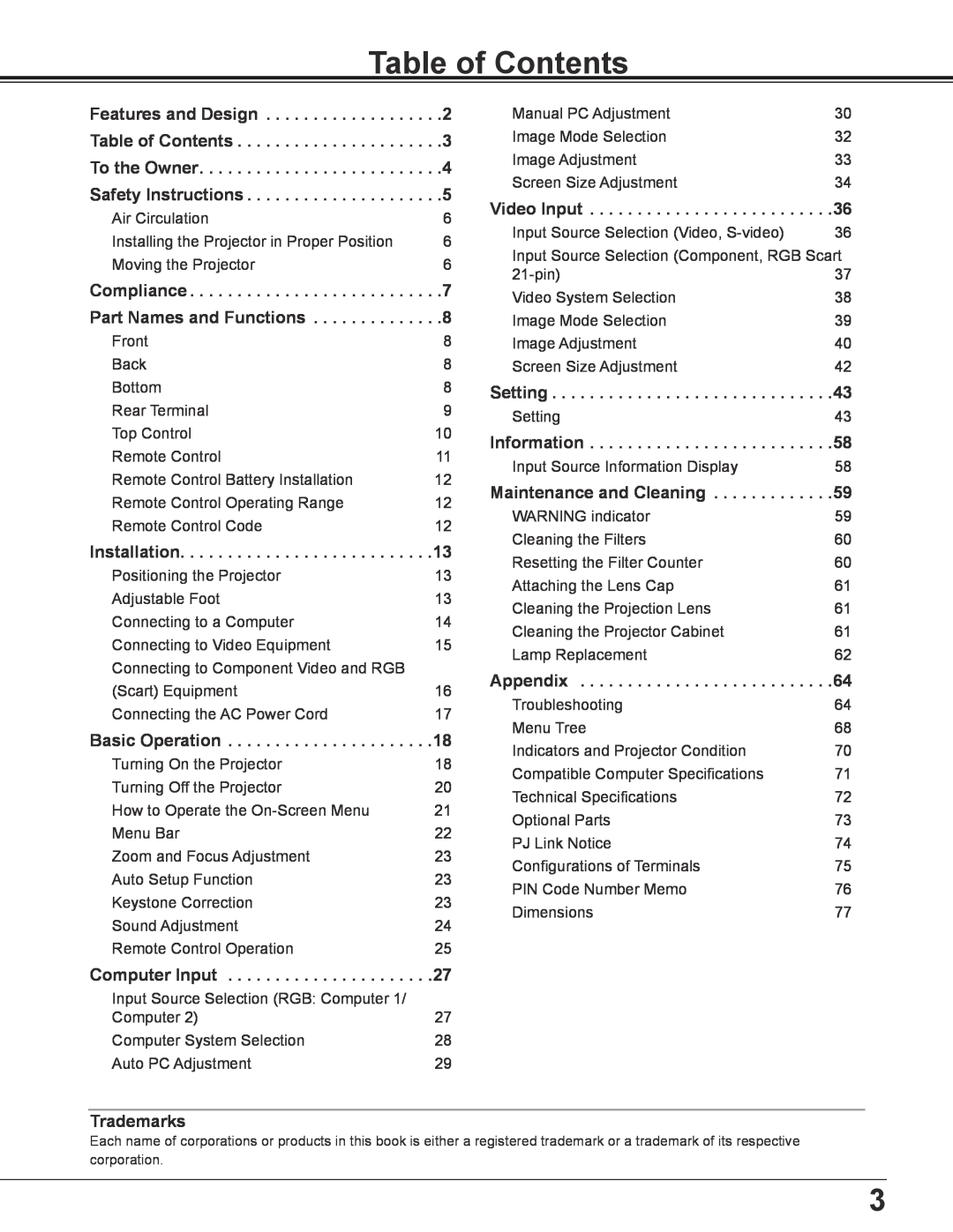 Sanyo PLC-XE34 owner manual Table of Contents 