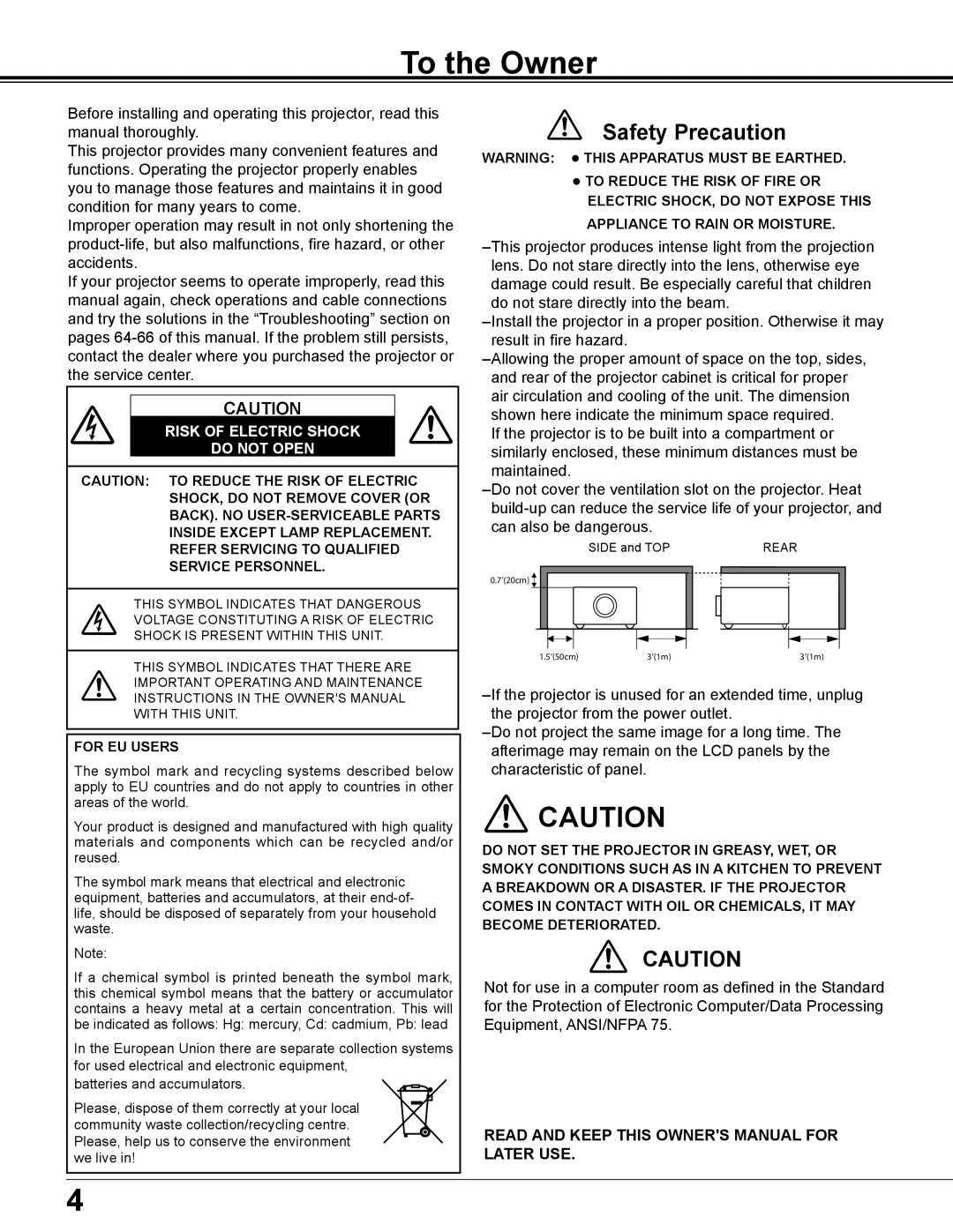 Sanyo PLC-XE34 owner manual To the Owner, Safety Precaution, Risk Of Electric Shock Do Not Open 