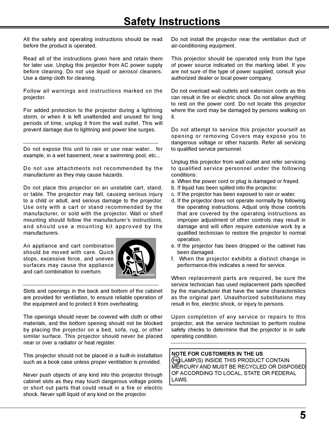 Sanyo PLC-XE34 owner manual Safety Instructions, Note For Customers In The Us 
