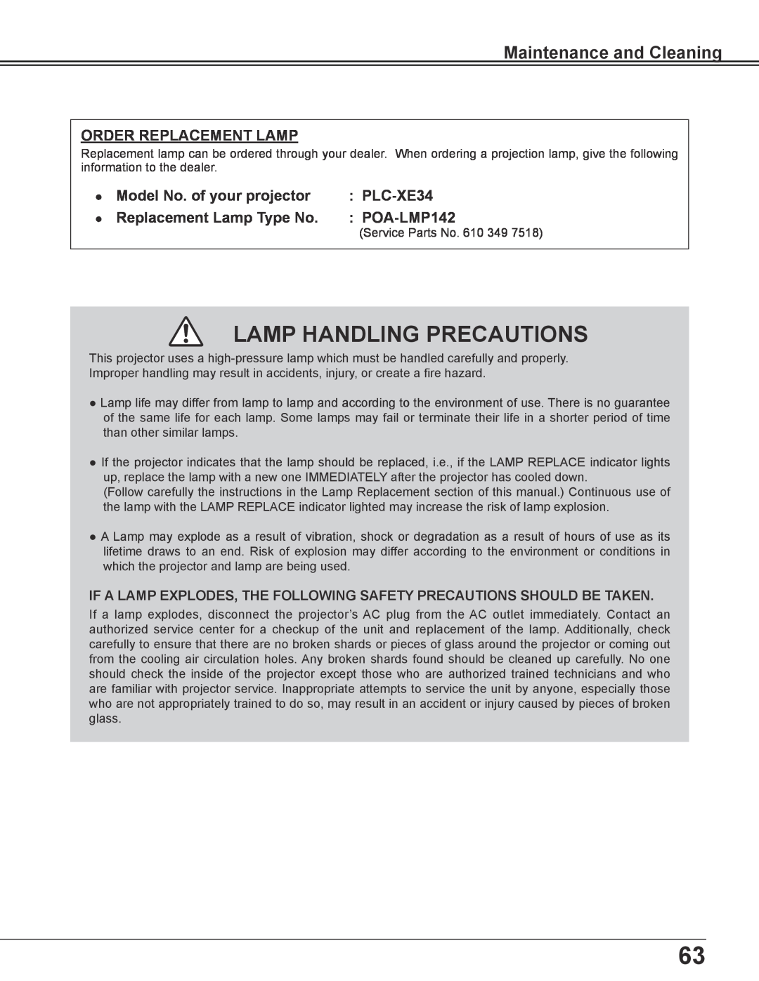 Sanyo PLC-XE34 Lamp Handling Precautions, Order Replacement Lamp, Model No.. of your projector, Replacement Lamp Type No 