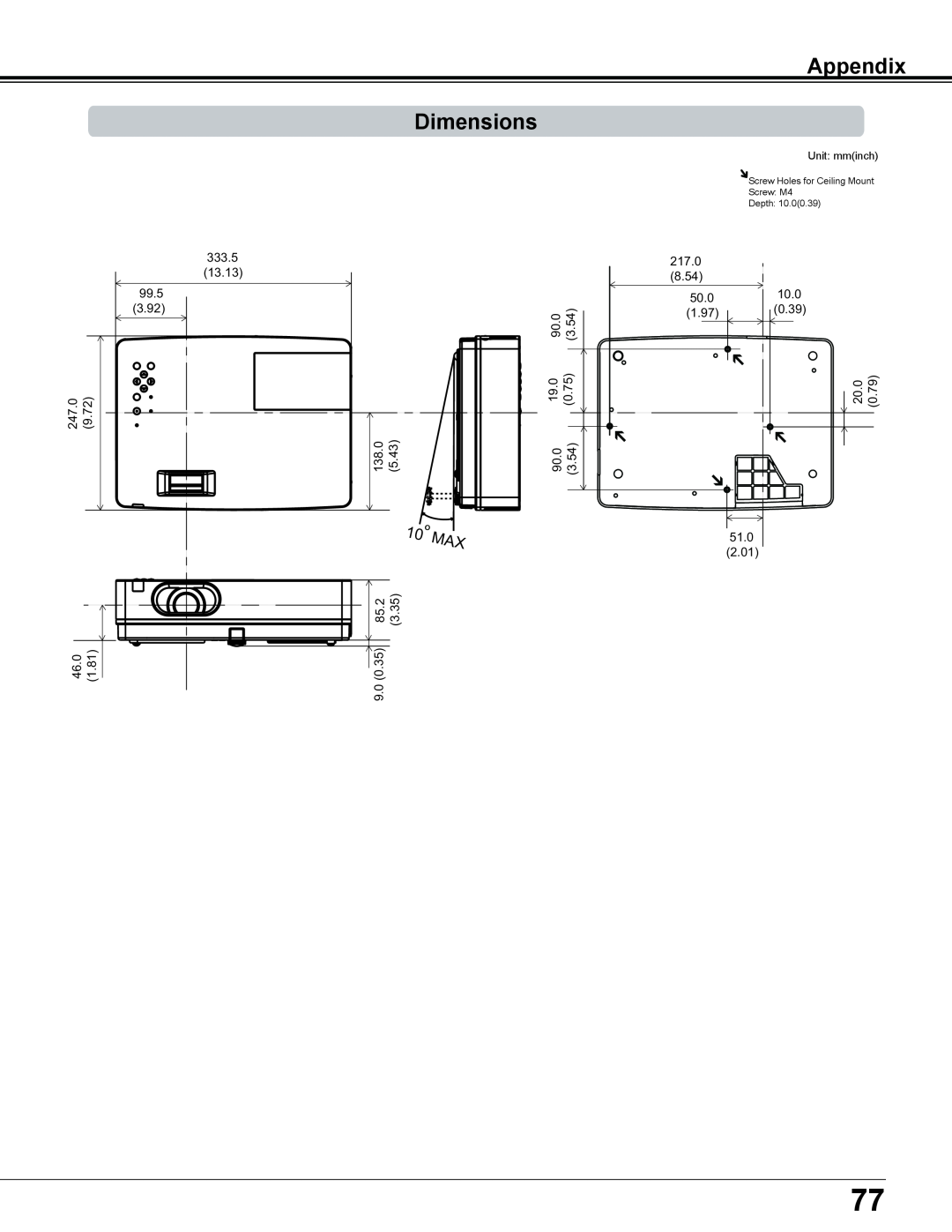 Sanyo PLC-XE34 owner manual Dimensions, Appendix 