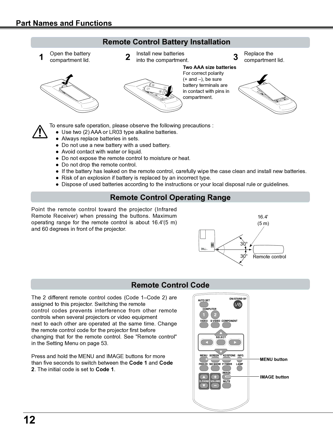 Sanyo PLC-XE34 owner manual Remote Control Operating Range, Remote Control Code, Two AAA size batteries 