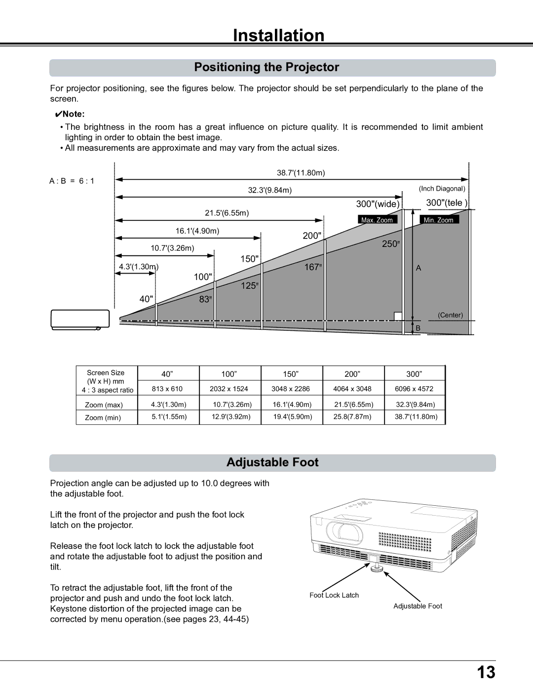 Sanyo PLC-XE34 owner manual Installation, Positioning the Projector, Adjustable Foot 