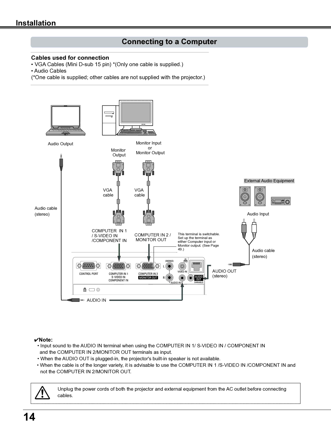 Sanyo PLC-XE34 owner manual Installation Connecting to a Computer, Cables used for connection 