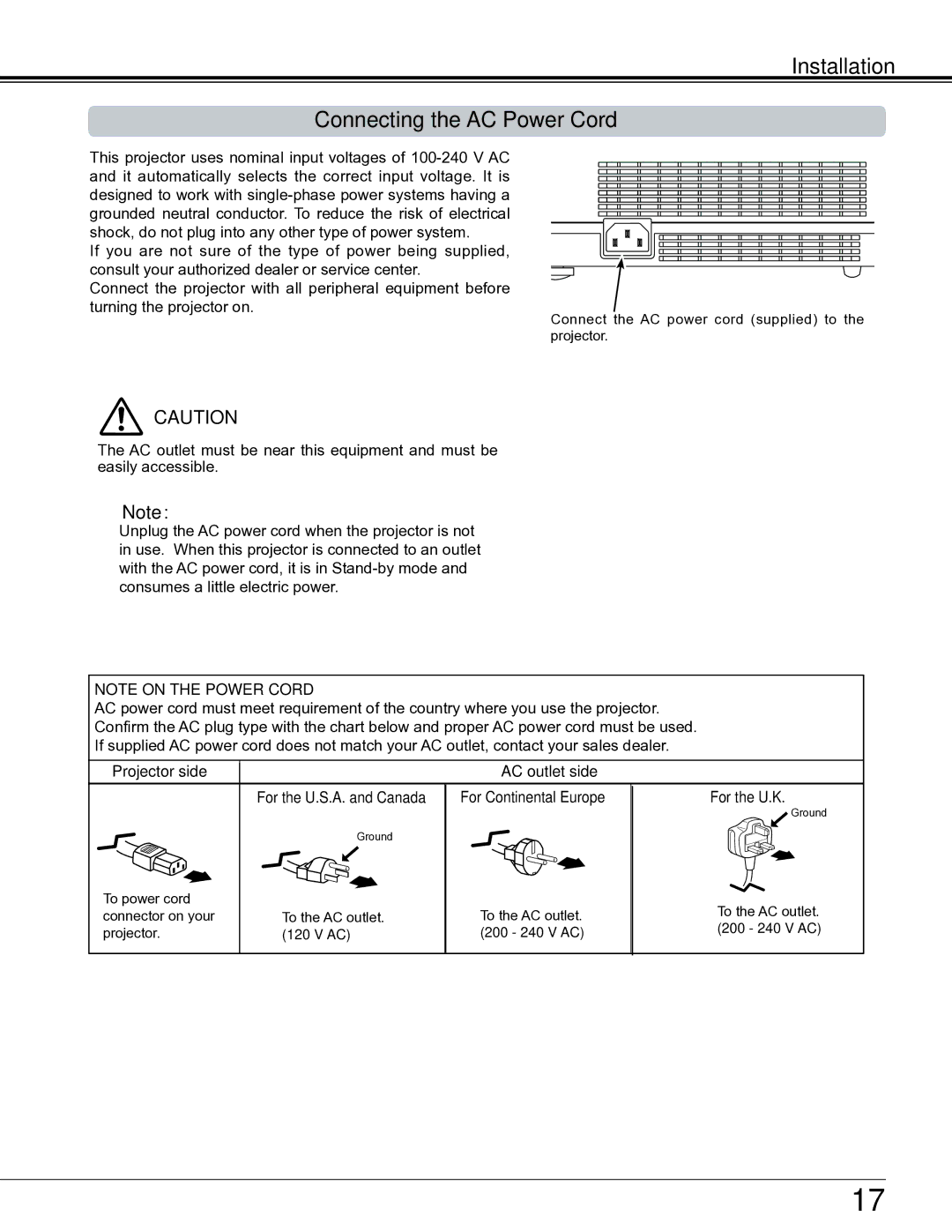 Sanyo PLC-XE34 Installation Connecting the AC Power Cord, Projector side AC outlet side, For the U..S..A.. and Canada 