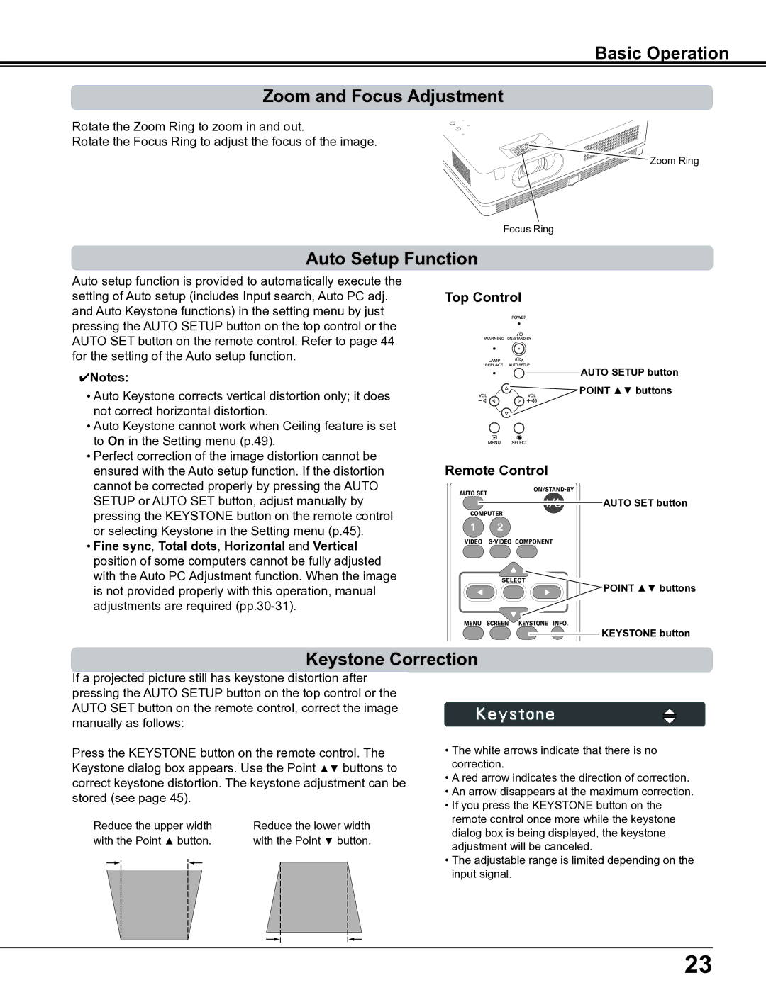 Sanyo PLC-XE34 owner manual Basic Operation Zoom and Focus Adjustment, Auto Setup Function, Keystone Correction 