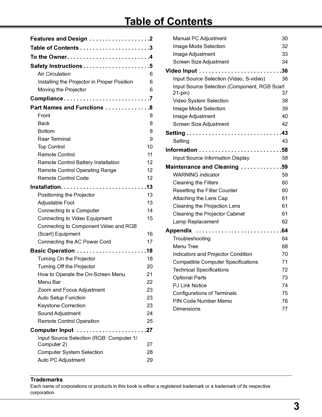 Sanyo PLC-XE34 owner manual Table of Contents 