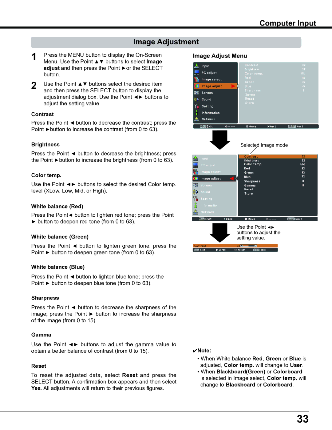 Sanyo PLC-XE34 owner manual Computer Input Image Adjustment, Image Adjust Menu 