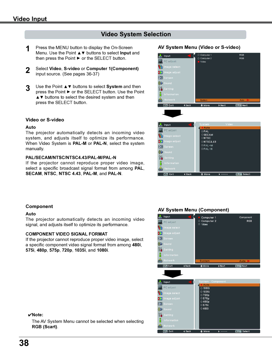 Sanyo PLC-XE34 owner manual Video Input Video System Selection, Video or S-video, Component AV System Menu Component, Auto 