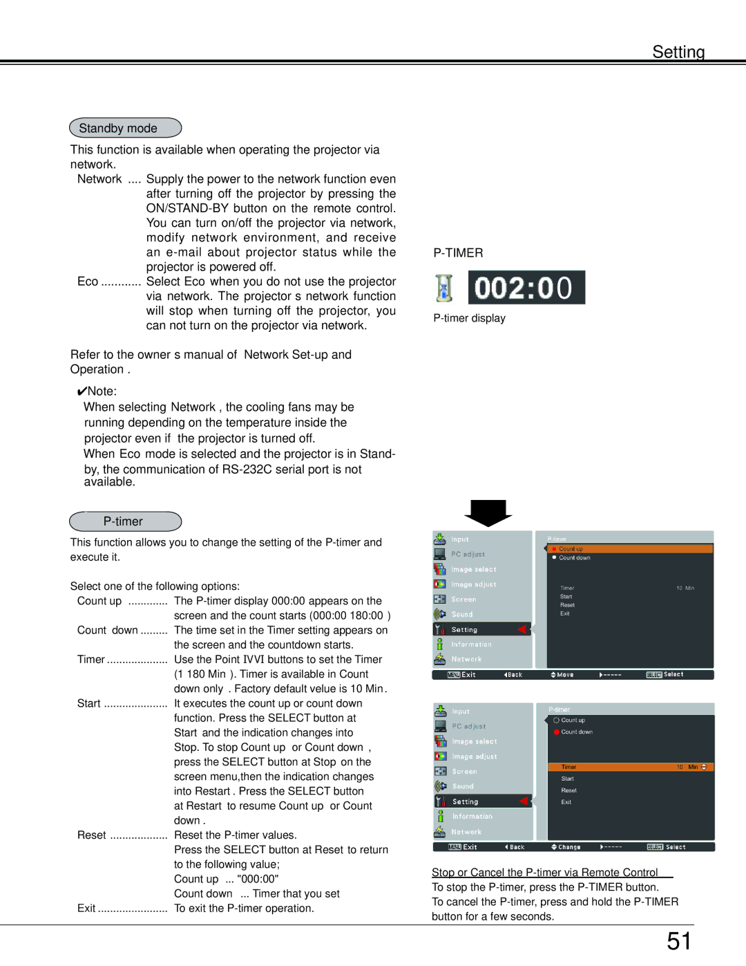 Sanyo PLC-XE34 owner manual Standby mode, Timer 