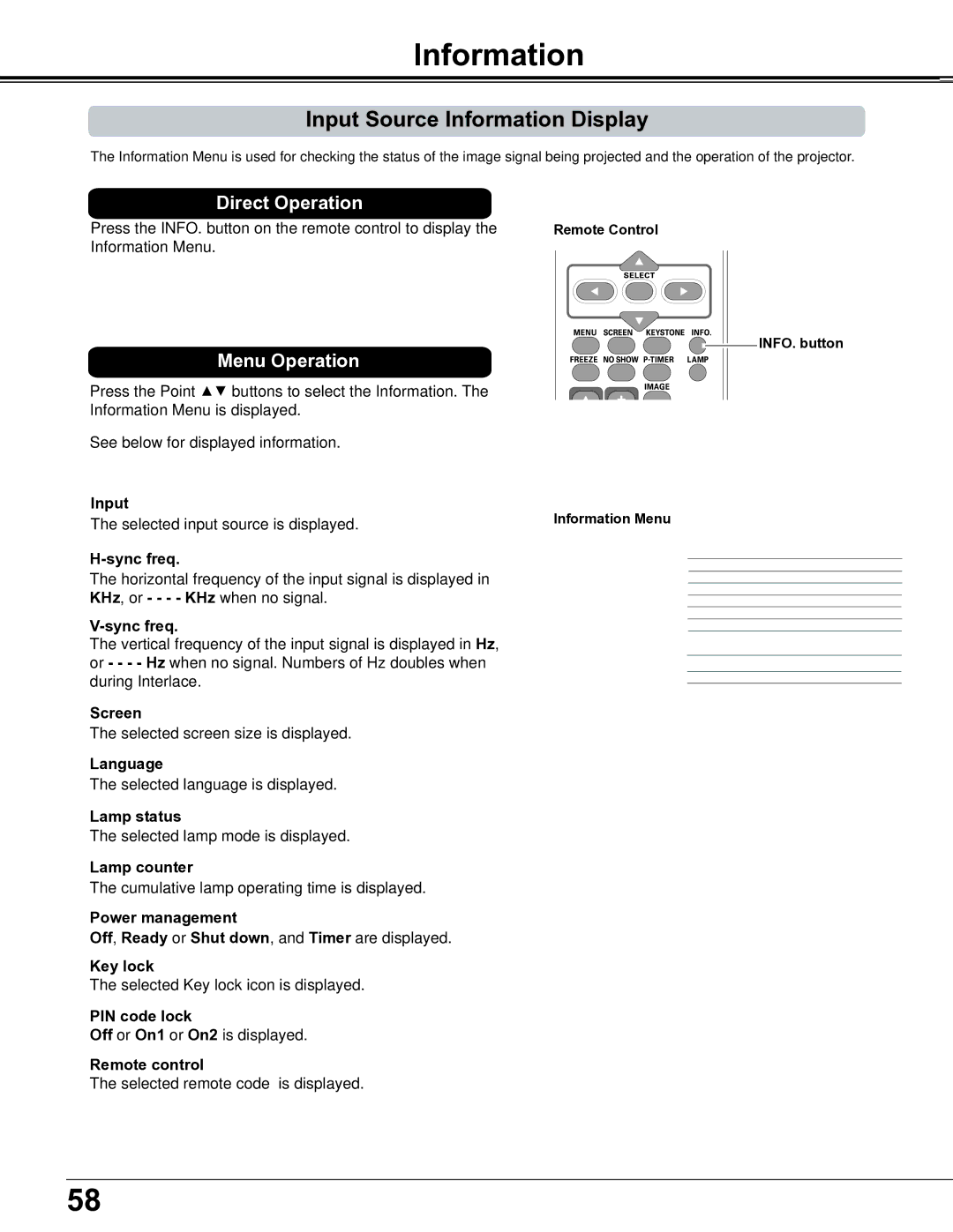 Sanyo PLC-XE34 owner manual Input Source Information Display 