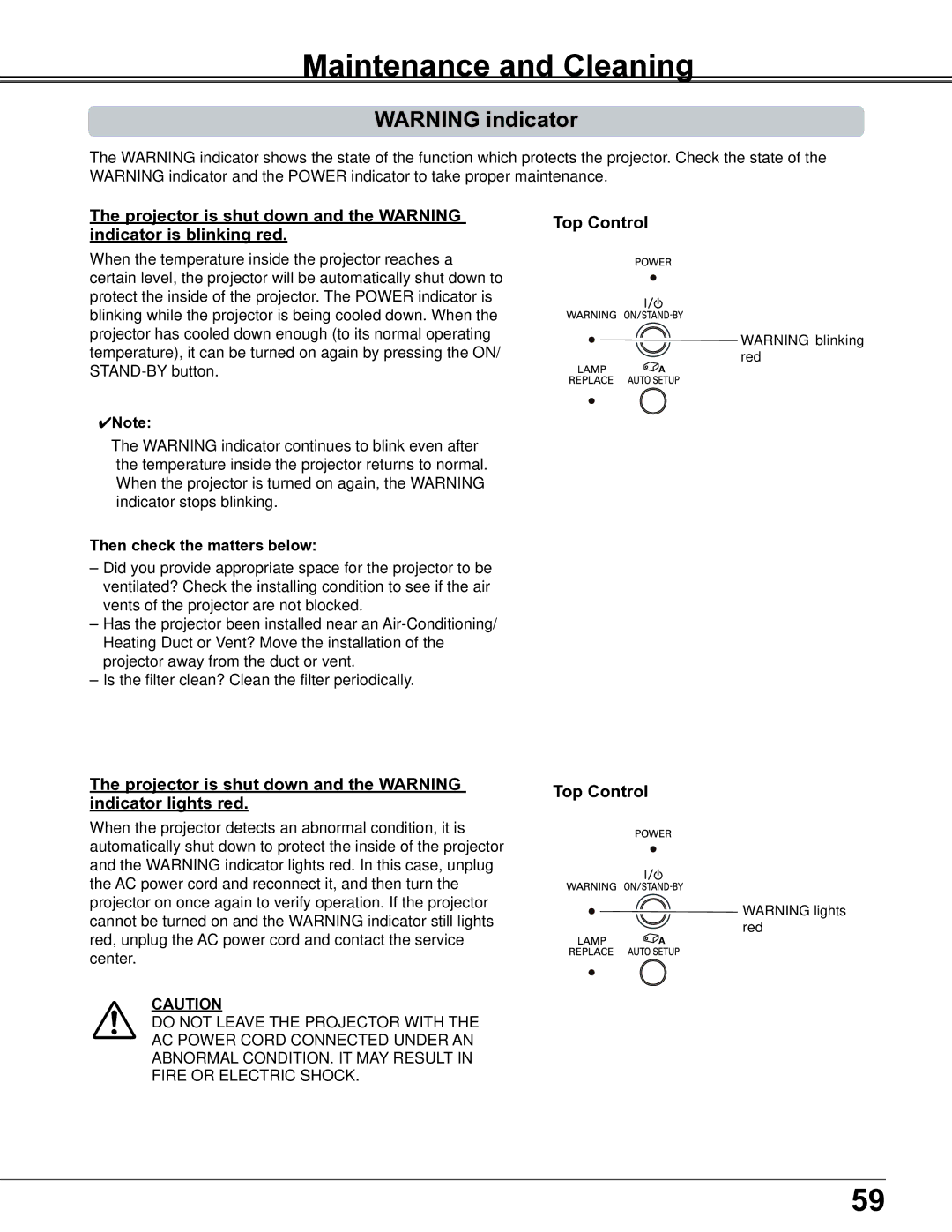 Sanyo PLC-XE34 owner manual Maintenance and Cleaning, Projector is shut down and the Warning indicator lights red 