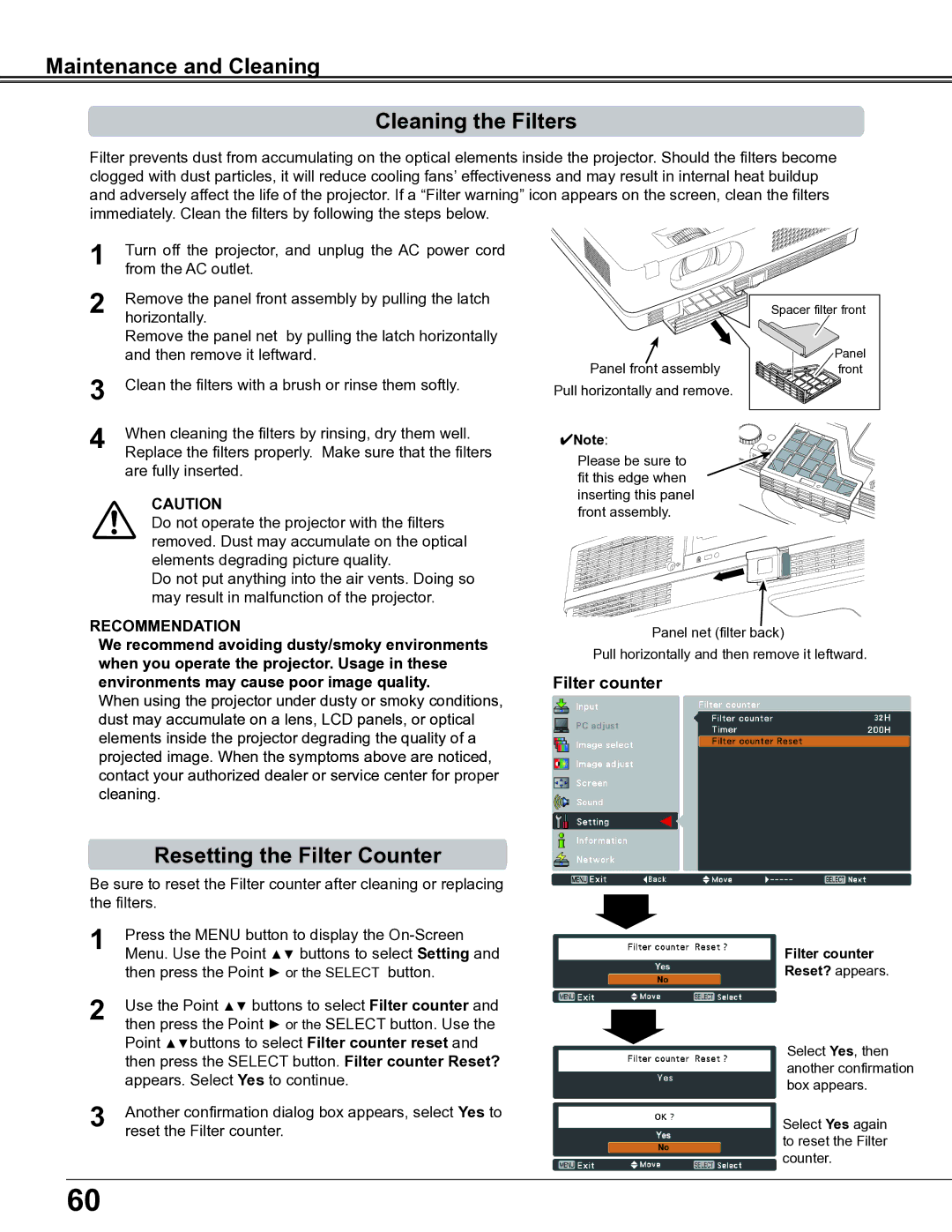 Sanyo PLC-XE34 owner manual Maintenance and Cleaning Cleaning the Filters, Resetting the Filter Counter, Filter counter 