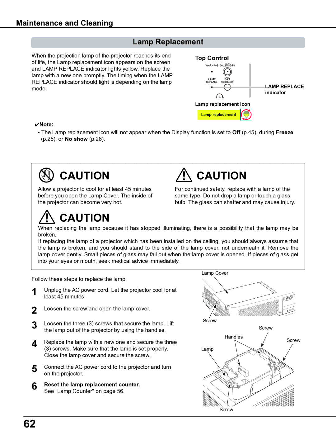 Sanyo PLC-XE34 Maintenance and Cleaning Lamp Replacement, Reset the lamp replacement counter, Lamp replacement icon 