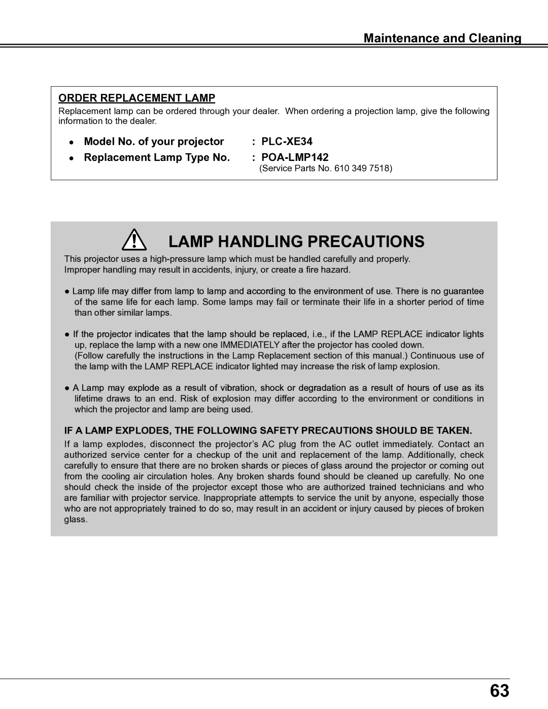 Sanyo PLC-XE34 owner manual Maintenance and Cleaning, Service Parts No 349 