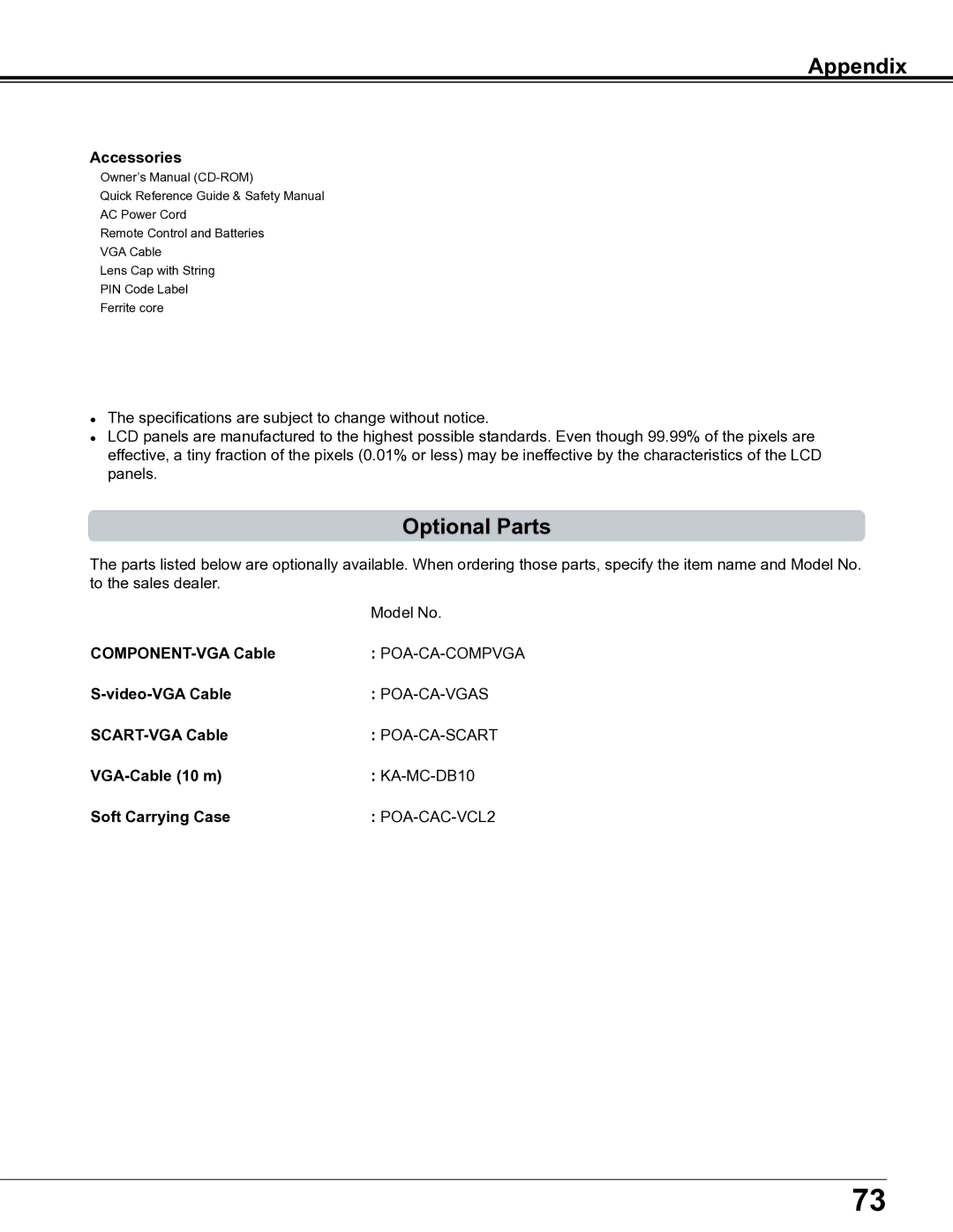 Sanyo PLC-XE34 owner manual Optional Parts 