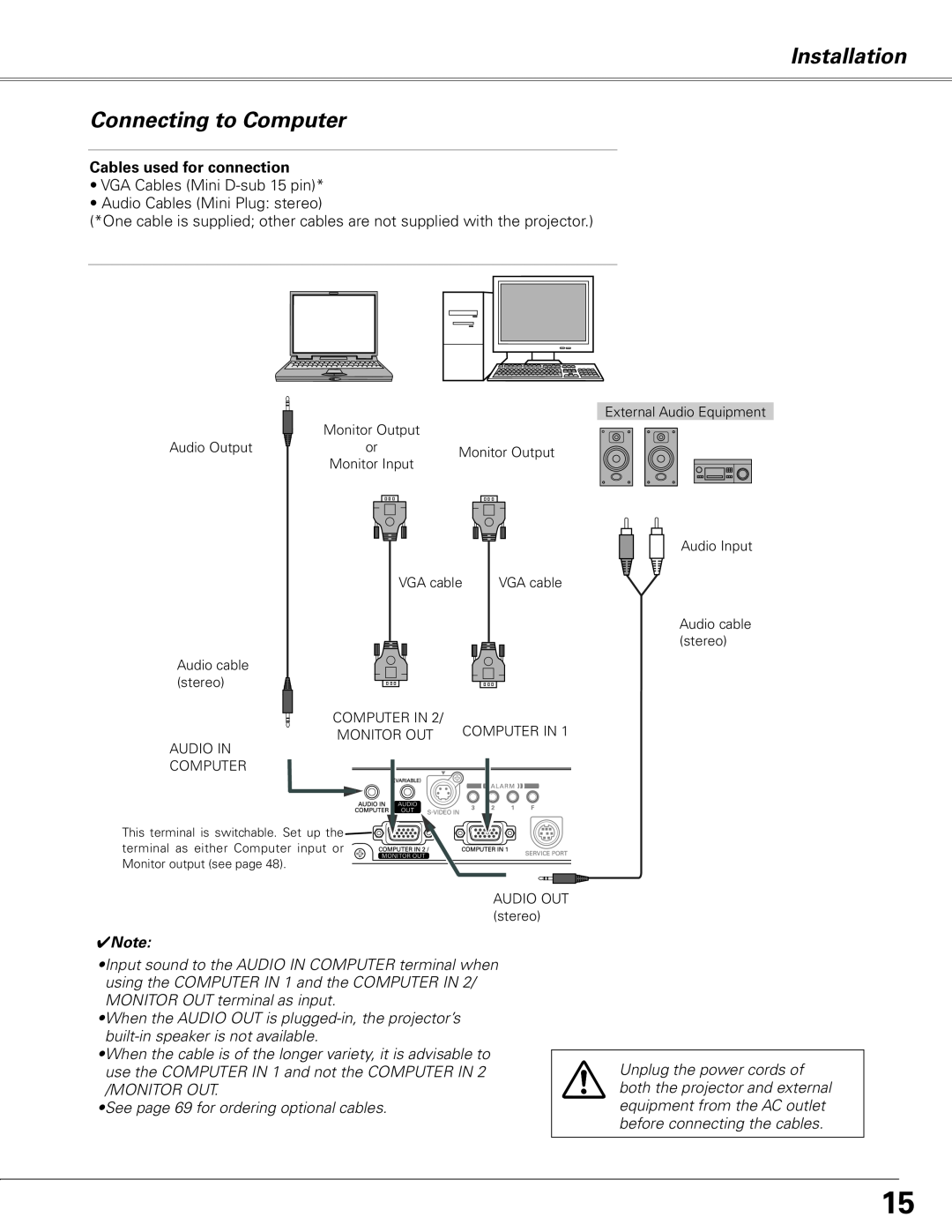 Sanyo PLC-XE50 owner manual Installation Connecting to Computer, Cables used for connection 