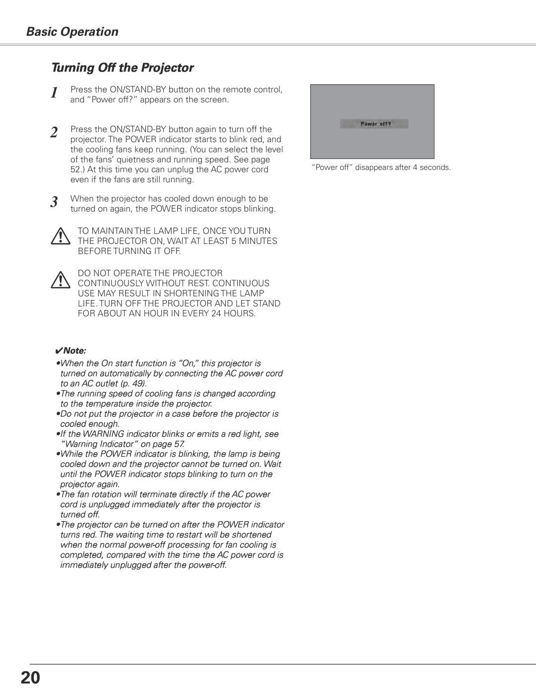 Sanyo PLC-XE50 owner manual Basic Operation, Turning Off the Projector 