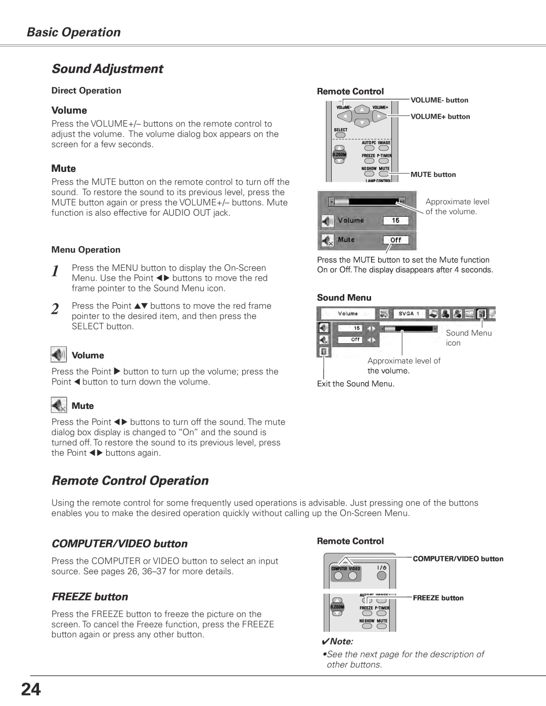 Sanyo PLC-XE50 Sound Adjustment, Remote Control Operation, COMPUTER/VIDEO button, FREEZE button, Basic Operation, Volume 