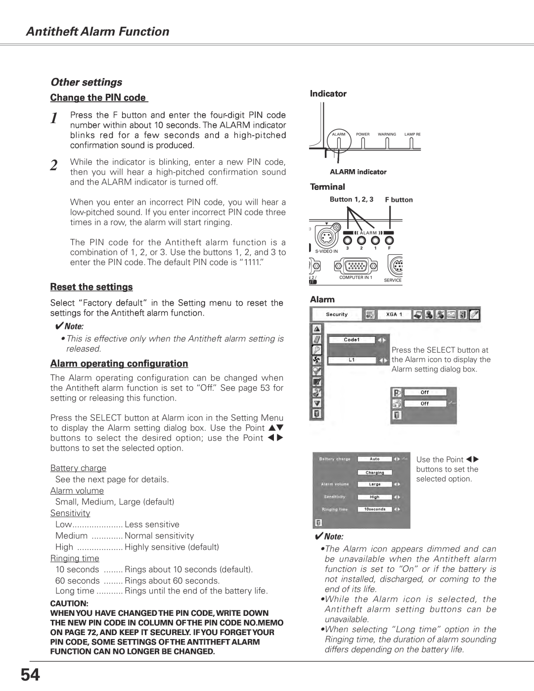Sanyo PLC-XE50 owner manual Antitheft Alarm Function, Other settings, Indicator, Terminal 