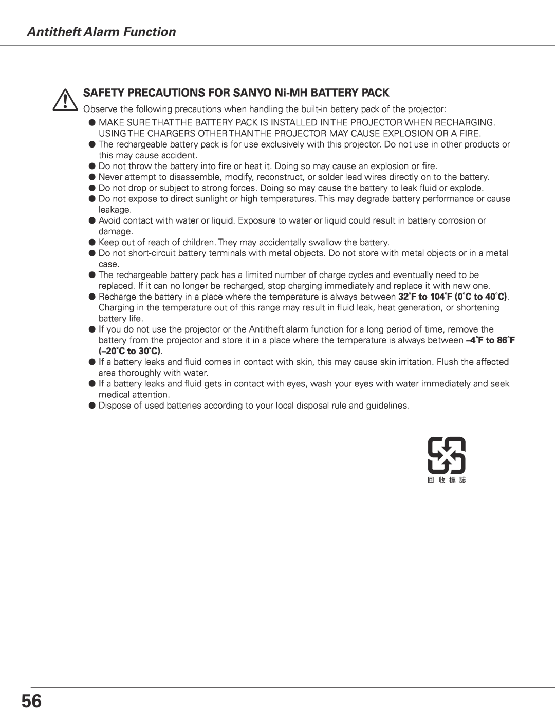 Sanyo PLC-XE50 owner manual SAFETY Precautions for SANYO Ni-MH BATTERY PACK, Antitheft Alarm Function 