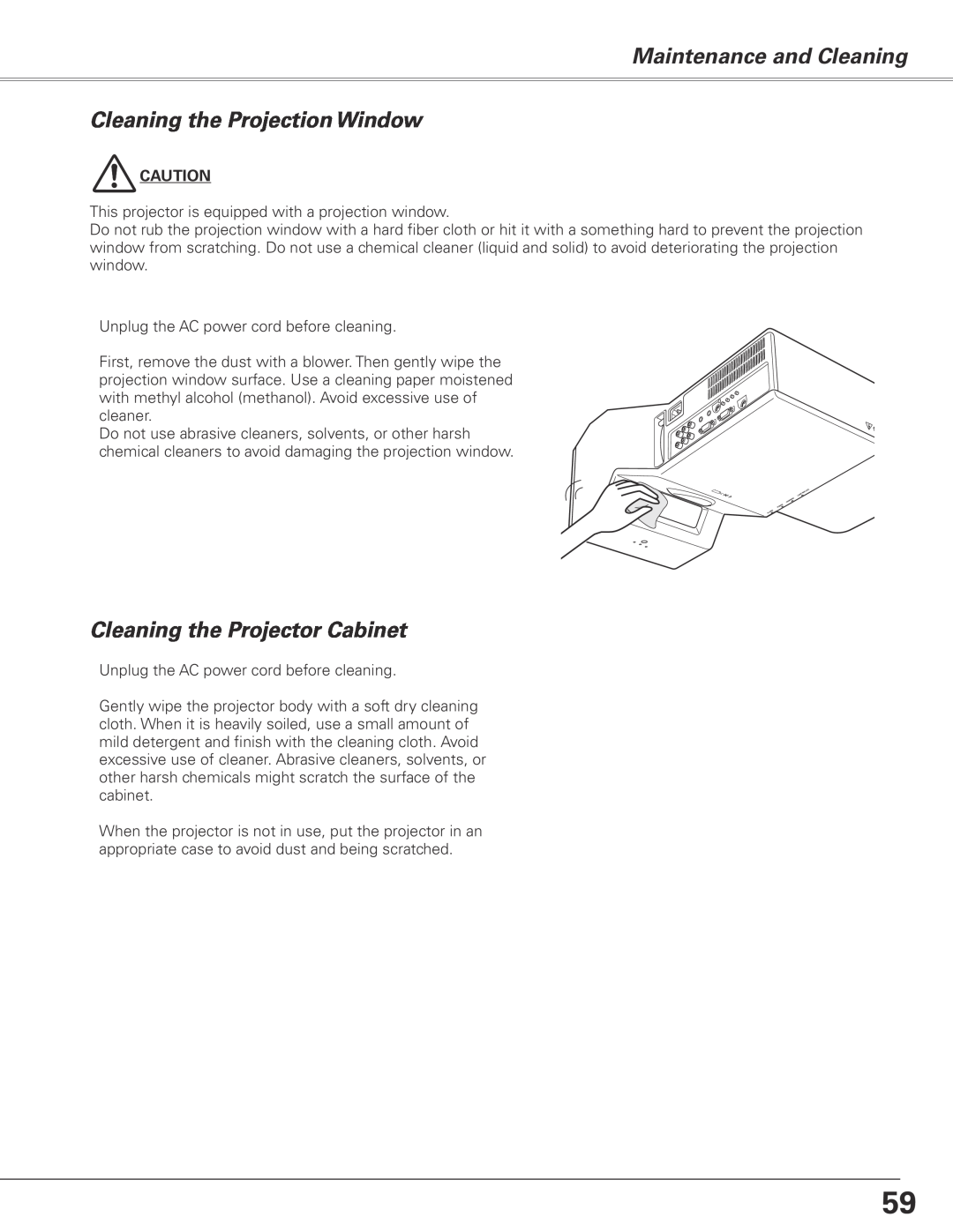 Sanyo PLC-XE50 owner manual Maintenance and Cleaning Cleaning the Projection Window, Cleaning the Projector Cabinet 