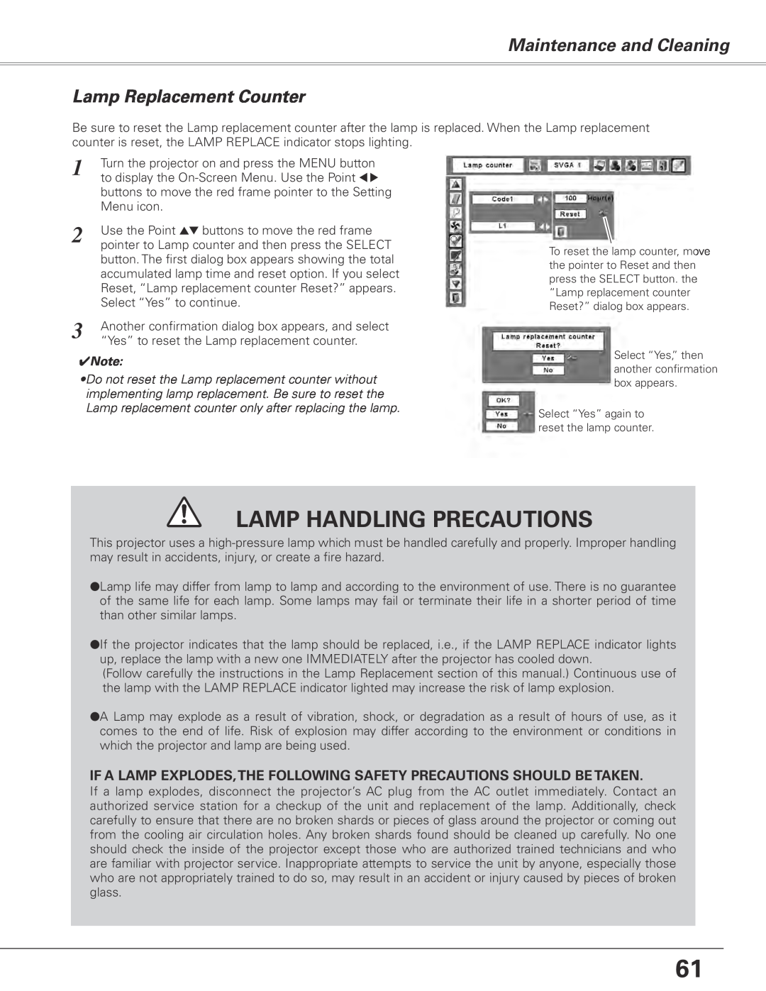 Sanyo PLC-XE50 owner manual Maintenance and Cleaning Lamp Replacement Counter, Lamp Handling Precautions 